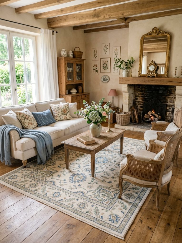 Beautiful french country rug in cream blue and natural tones anchoring french farmhouse seating arrangement in warm living room