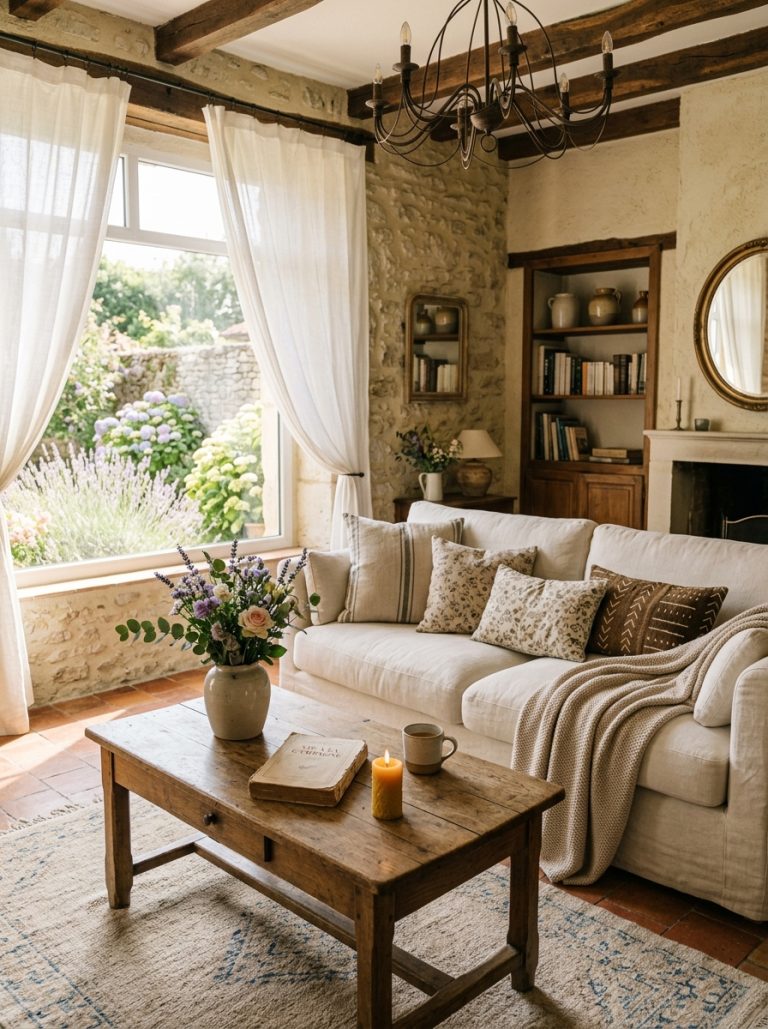 Beautiful french farmhouse living room with cream linen sofa rustic throw pillows vintage coffee table soft rug and sheer curtains