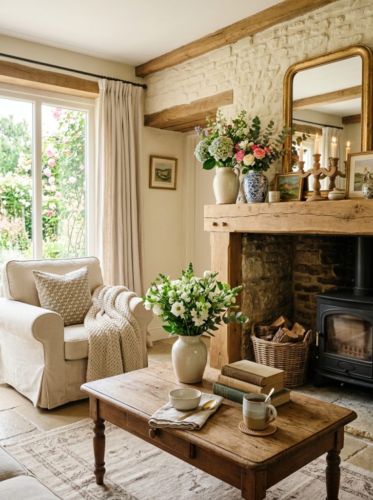 Beautiful classic french farmhouse living room with cream tones natural wood rustic ceramic vases and fresh flowers