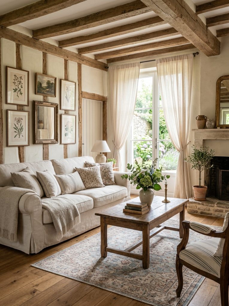 Pinterest-worthy french farmhouse living room with cream sofa rustic wood coffee table french rug farmhouse wall art and curtains 