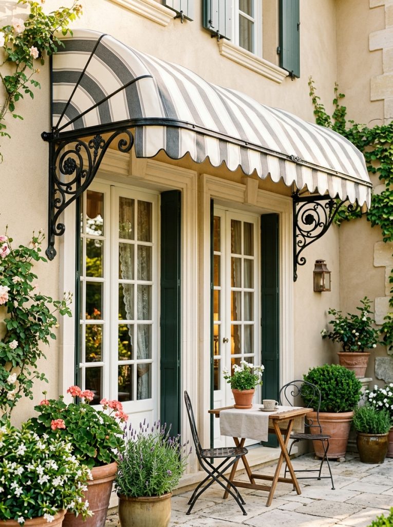 Beautiful French window awning DIY with curved casement style ornate bracket details fabric or metal above tall French windows on home 