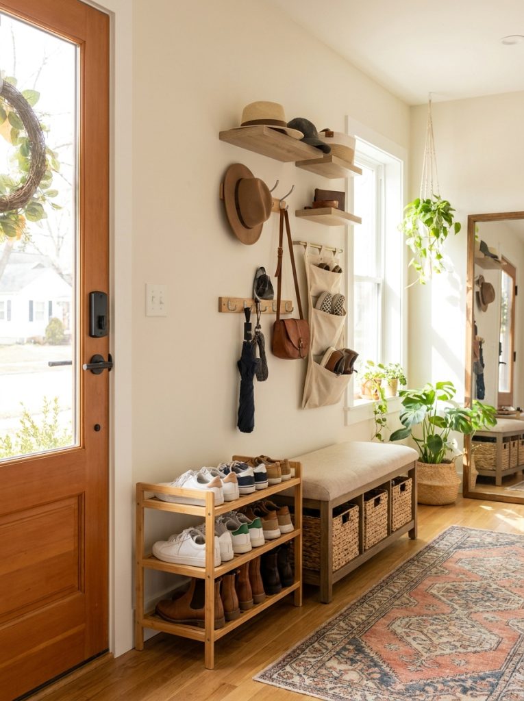  Smart front door shoe storage with compact rack small bench and wall-mounted solution creating organized welcoming front door area