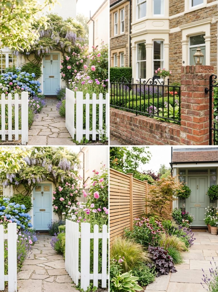 Beautiful front garden fence ideas with picket fences brick iron combinations and elegant wooden boundaries creating welcoming front garden curb appeal