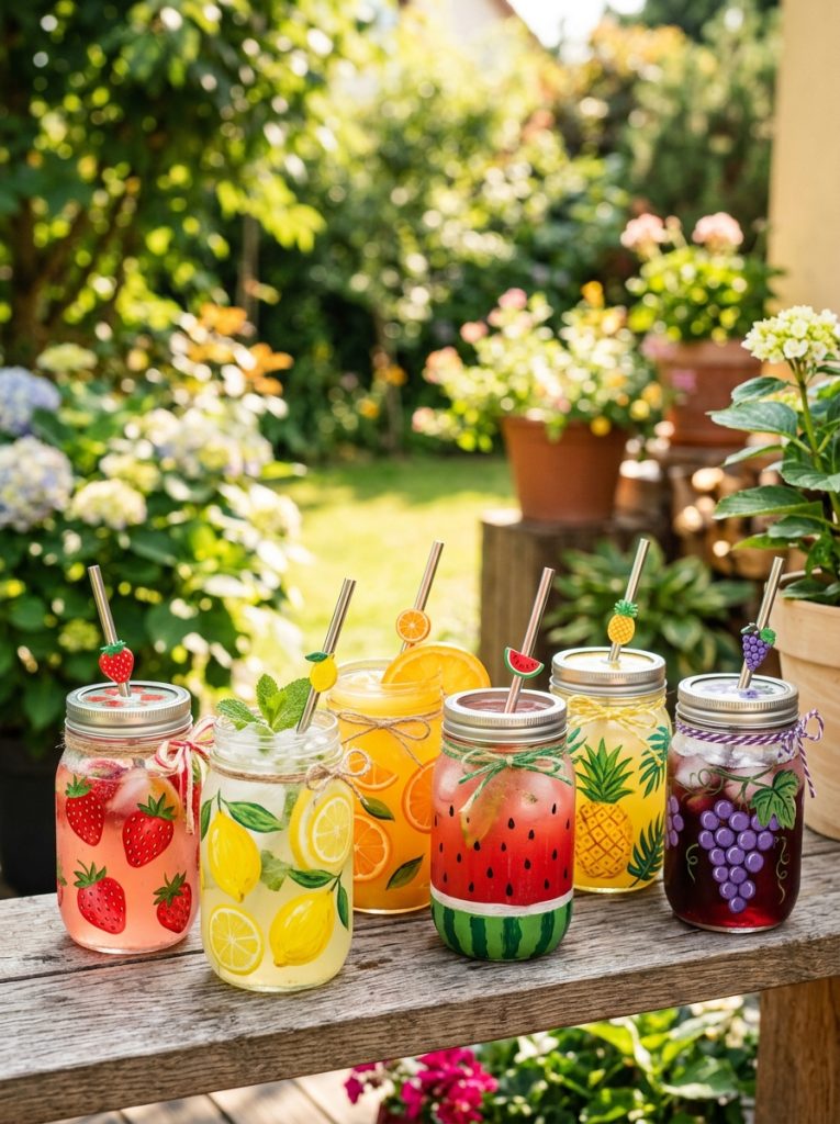 Adorable fruit mason jar painting ideas with strawberries lemons oranges watermelon and tropical fruits in vibrant cheerful colors 