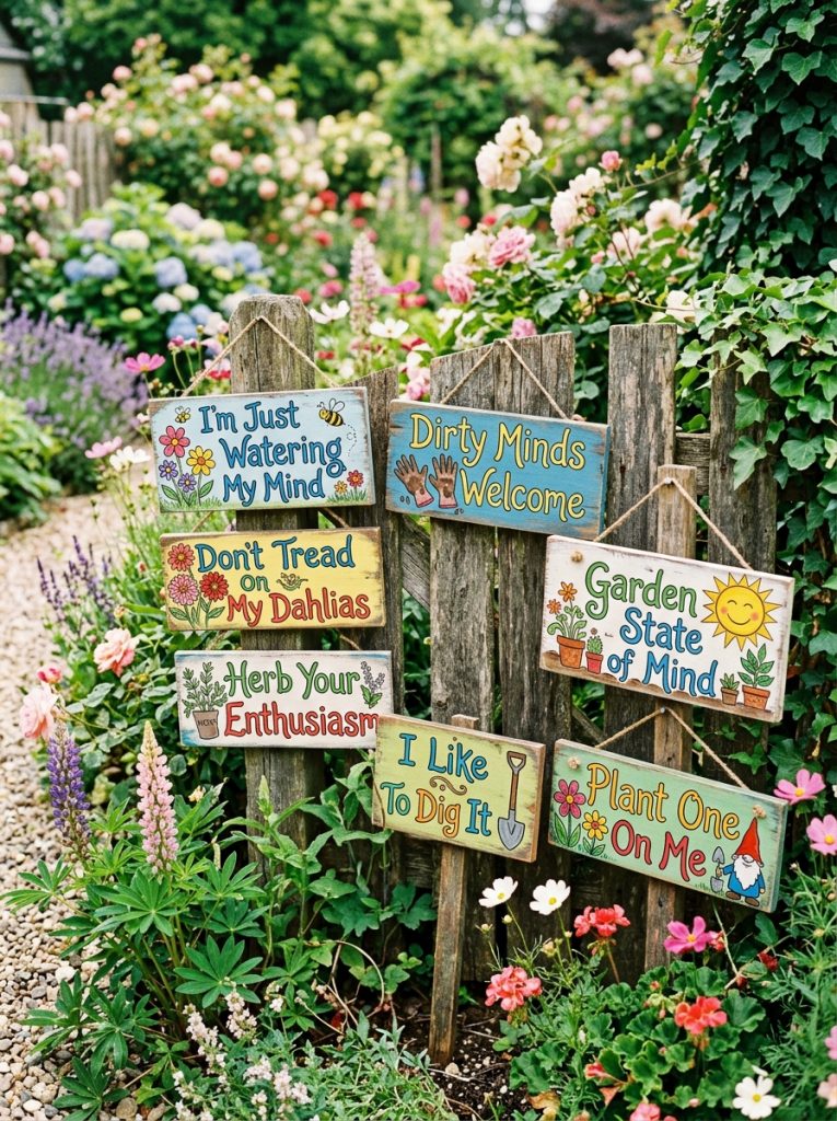 Genuinely funny garden signs DIY with humorous messages and gardening jokes in cheerful lettering on stakes and fences in bright garden