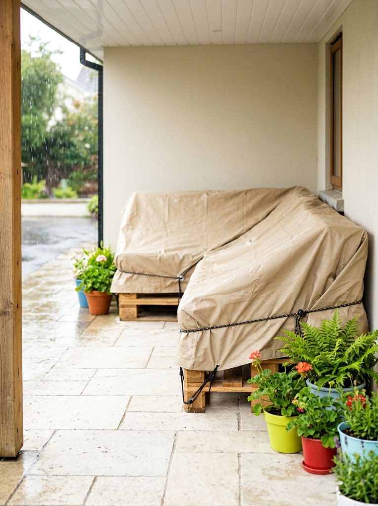 DIY patio furniture covered with secured waterproof tarp in wet weather practical inexpensive protection on patio