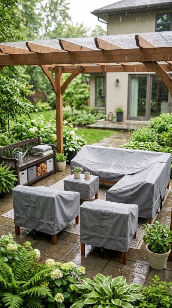DIY patio furniture covered with waterproof grey covers protecting sofa and chairs on patio in light rain
