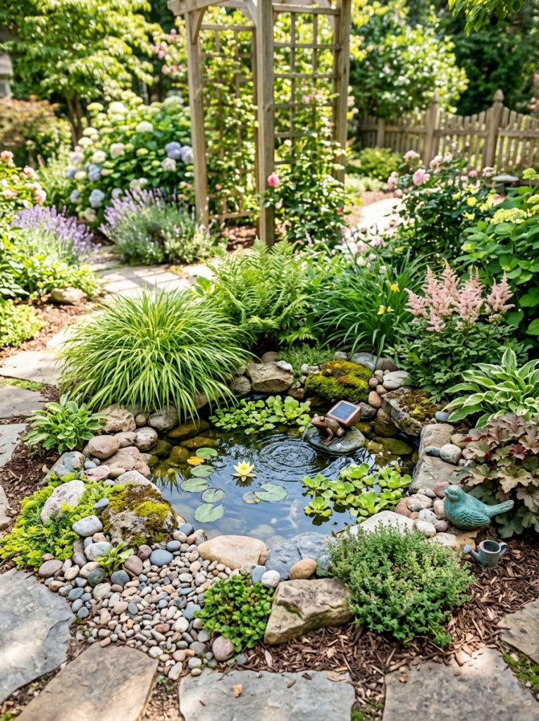 beautiful garden decor DIY mini pond as central design feature with complementary plants ornamental grasses and decorative stones