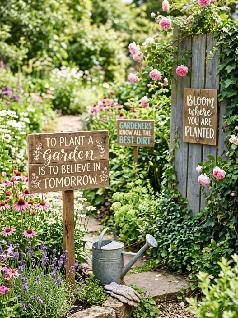  Beautiful garden quote signs DIY with inspirational gardening sayings painted in beautiful lettering on stakes and fences among garden plantings 