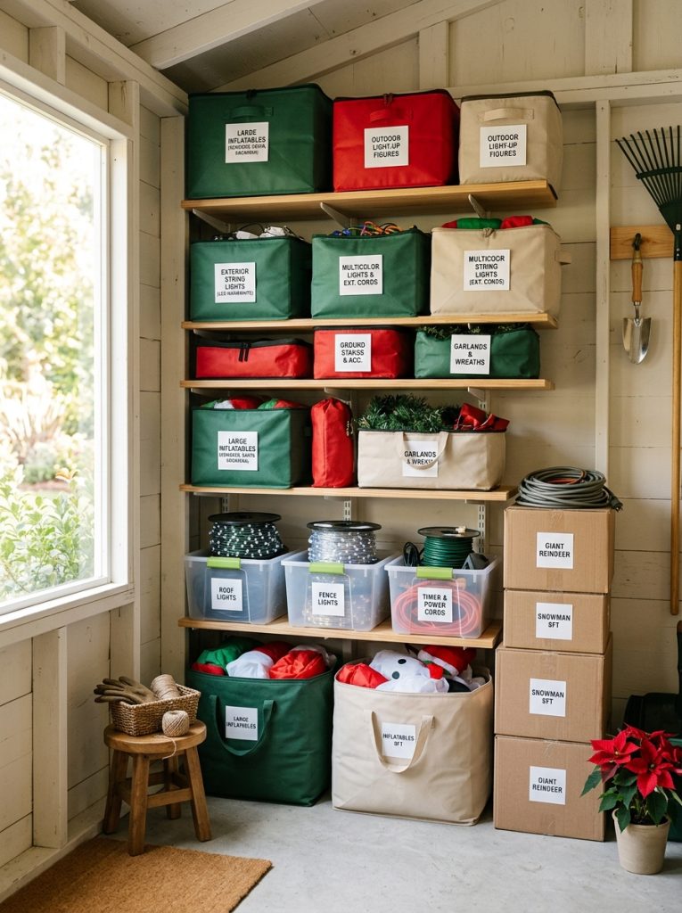  Garden shed interior with outdoor holiday decorations including inflatables and string lights in labeled bags