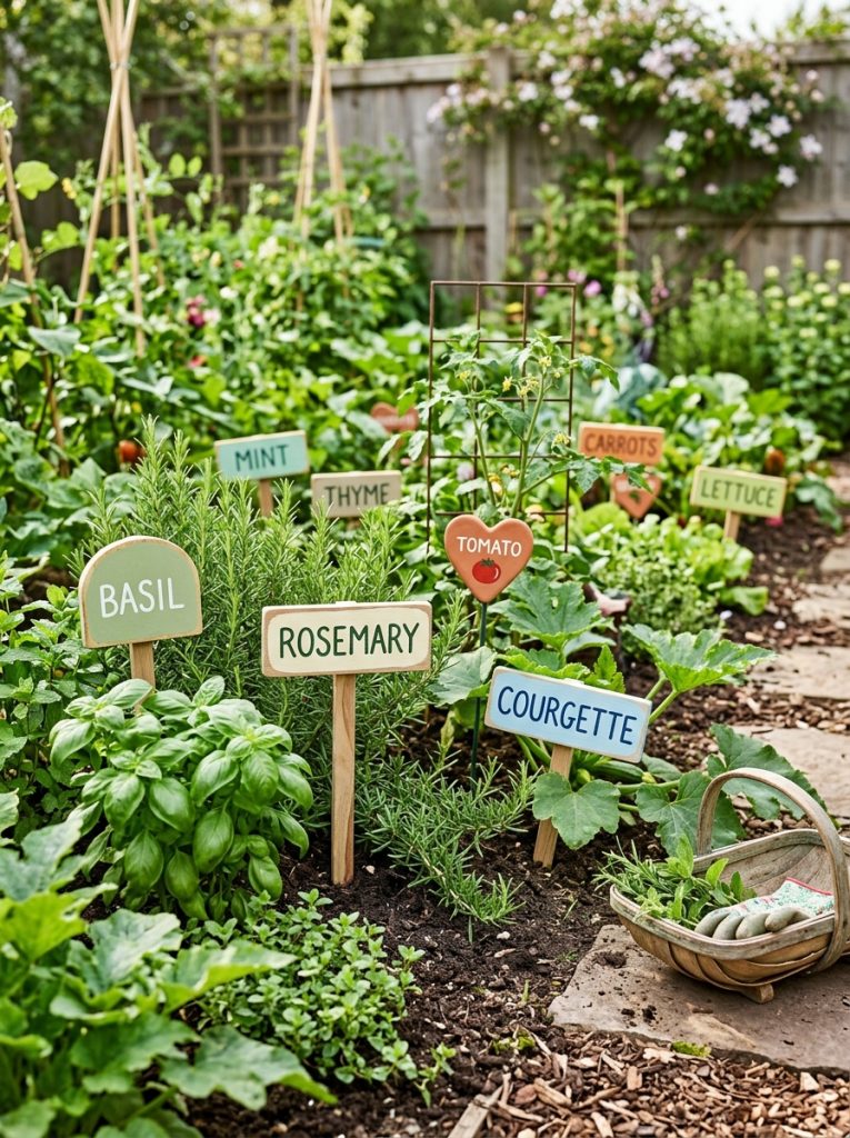  Beautiful herb vegetable garden signs DIY with painted wooden clay markers for basil rosemary tomato courgette in organized kitchen garden