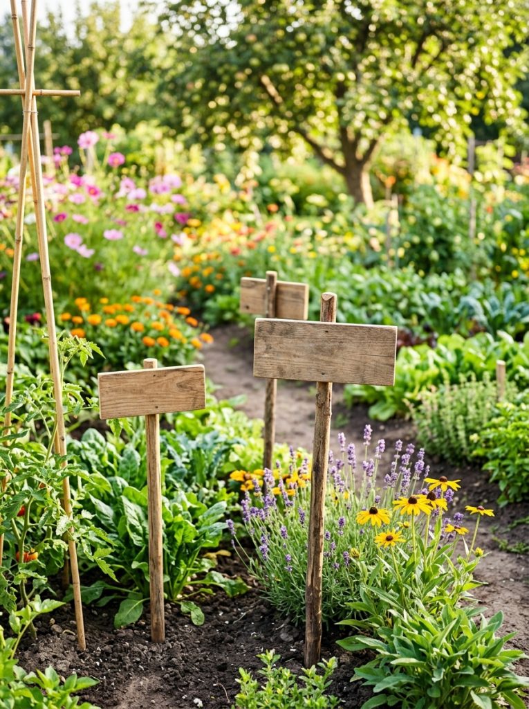  Beautiful garden sign stakes with wooden signs mounted on outdoor stakes among garden plants flower beds and vegetable patches