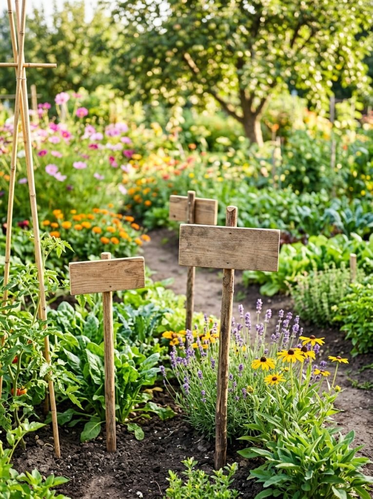 Beautiful garden sign stakes with wooden signs mounted on outdoor stakes among garden plants flower beds and vegetable patches