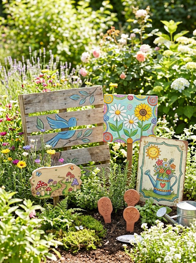 Beautiful garden signs DIY display with rustic pallet painted flower fairy garden clay herb and vintage quote signs among garden plants