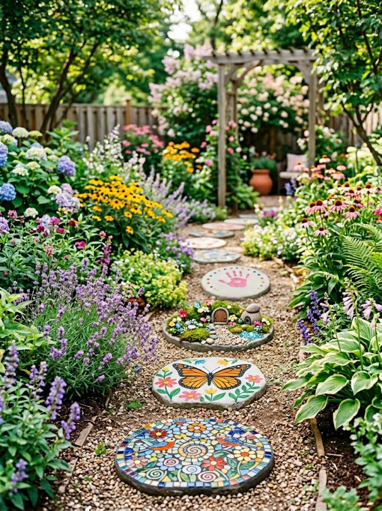 Beautiful garden stepping stones DIY display with mosaic painted butterfly fairy and kids handprint stones along garden pathway with flowers