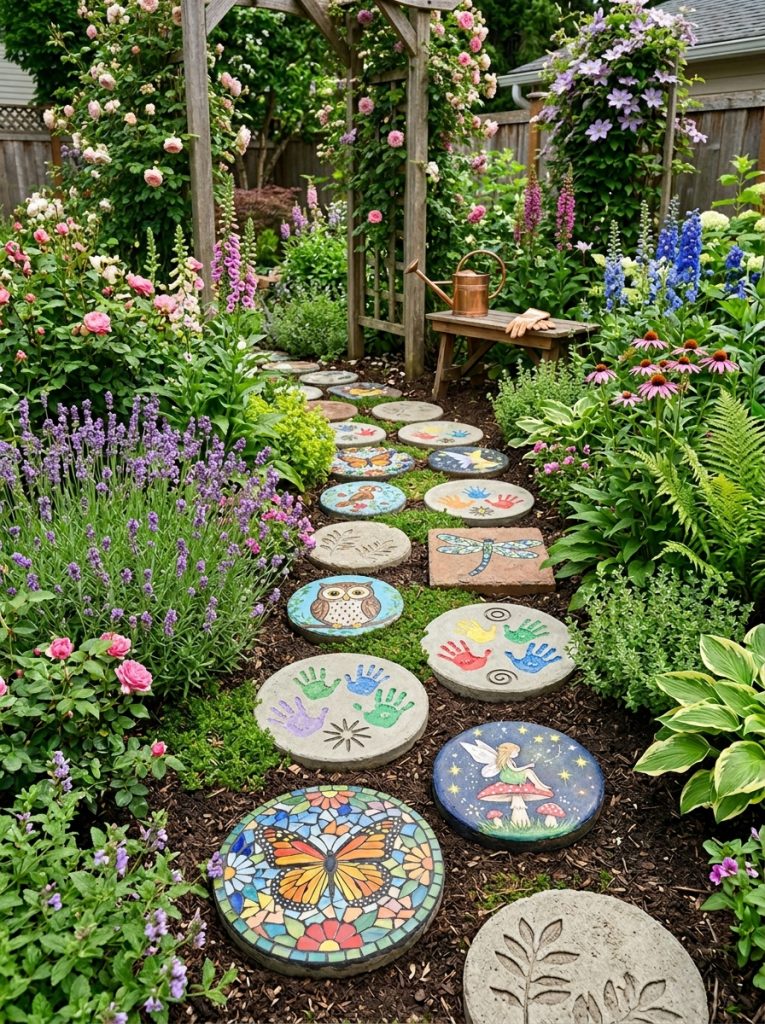 Complete garden stepping stones DIY display with mosaic painted butterfly fairy kids handprint and walkway stones throughout planted garden