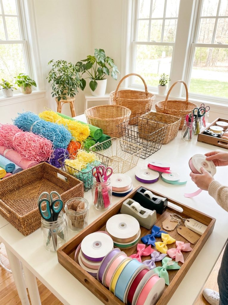 Beautiful gift basket assembly supplies with colorful filler paper baskets ribbons bows and tools on craft table