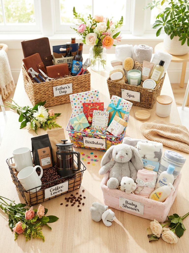 Beautiful gift basket ideas display with Father's Day spa birthday coffee and baby shower baskets on bright styled surface