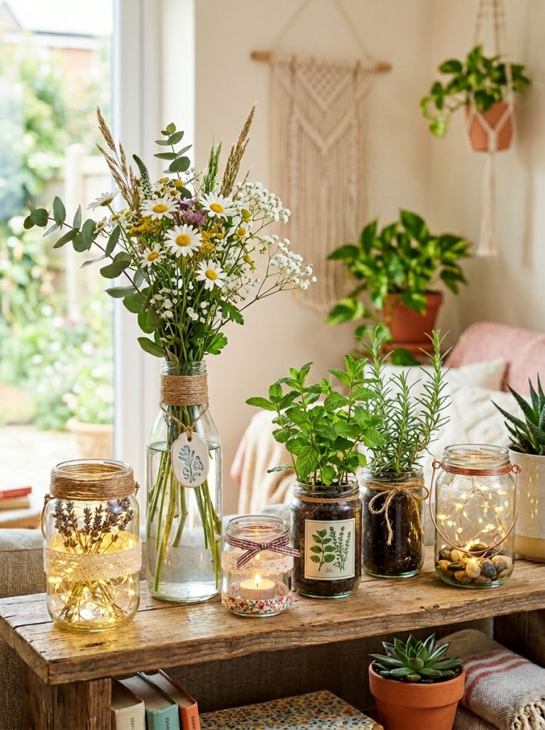  Beautiful glass jar upcycled craft transformations with jars as lanterns vases candle holders and herb planters with fairy lights 