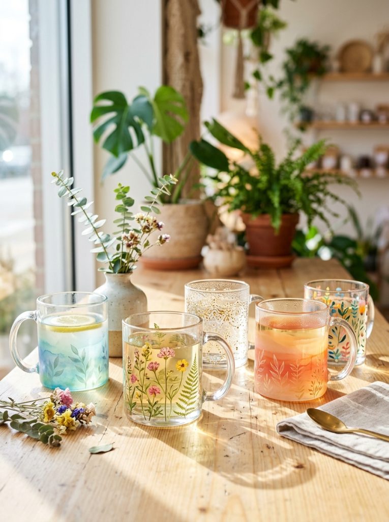 Beautiful painted clear glass mug with translucent color washes ombre gradients botanical designs and patterns interacting with transparency 