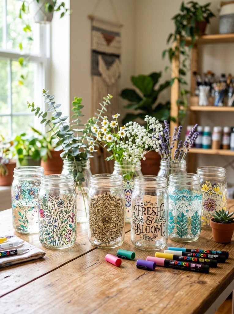 Beautiful glass paint pen mason jar painting with precise botanical drawings mandala patterns and beautiful lettering designs 