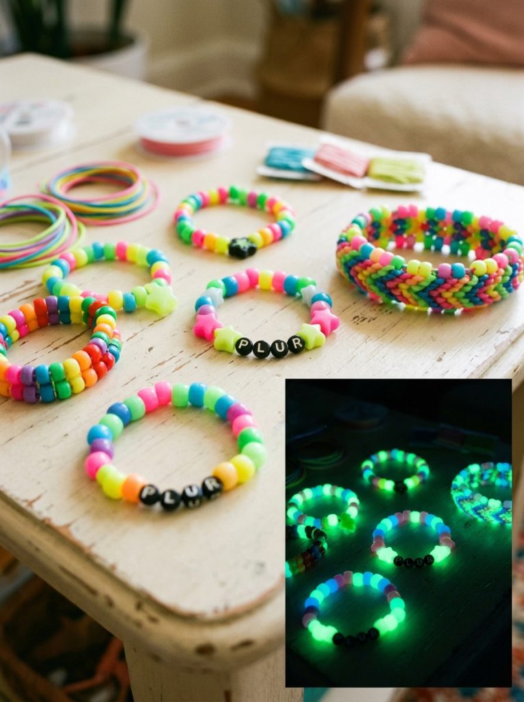  Cool glow dark kandi with glow in dark pony beads showing colorful normal light appearance and implied dramatic dark glow effect