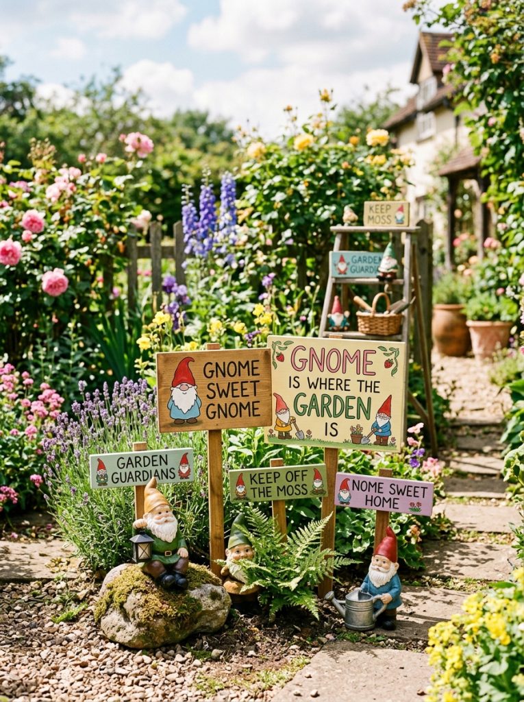 Cute gnome garden signs DIY with gnome illustrations quotes and gnome sweet gnome messages displayed with gnome decorations in garden