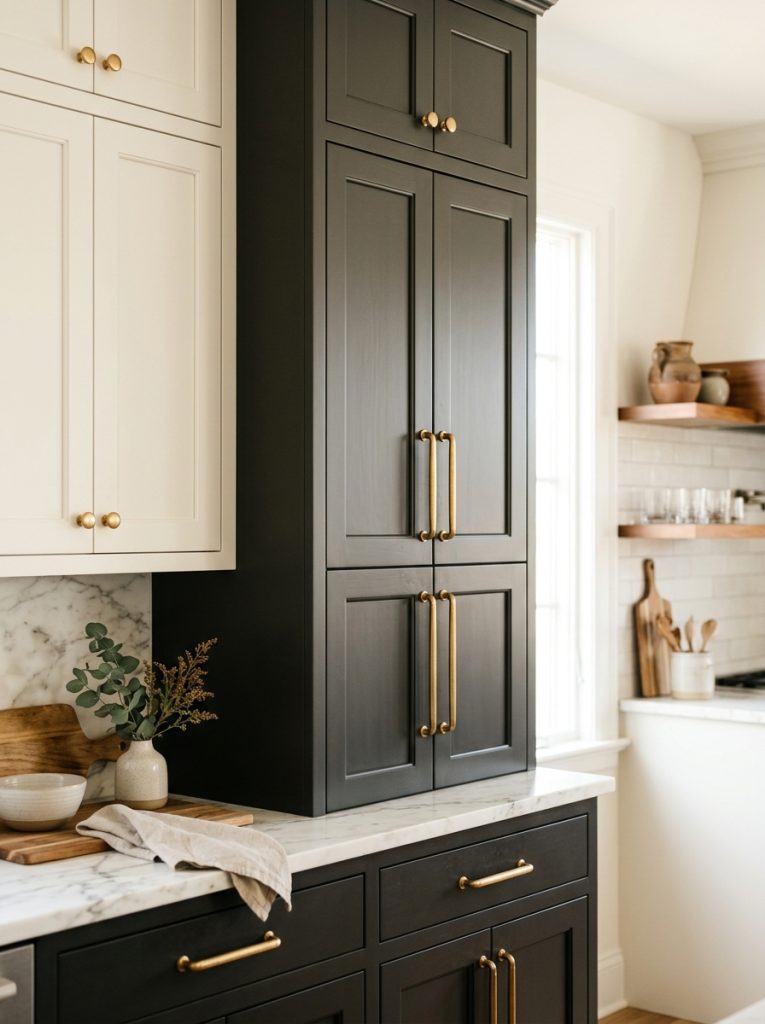 Beautiful brushed gold cabinet door handles on white cream dark kitchen cabinets creating warm luxurious hardware detail kitchen upgrade