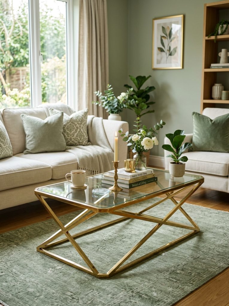 Beautiful gold coffee table in sage green living room on sage rug surrounded by green cream furnishings as luxurious warm focal point
