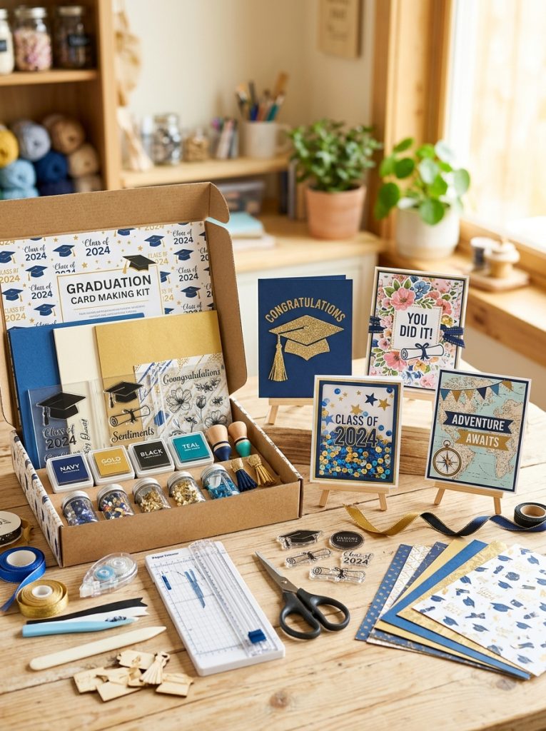 Complete graduation card making kit with cardstock stamps ink pads embellishments and tools displayed alongside sample graduation cards
