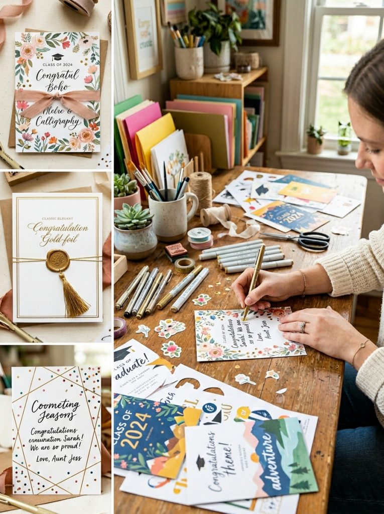Beautiful graduation card templates being colored decorated and personalized with messages and embellishments alongside completed template cards