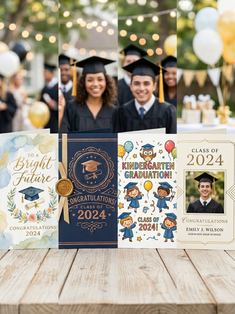 Four graduation cards including watercolor gold lettering beautifully stamped kindergarten illustrated and elegant high school sophisticated designs