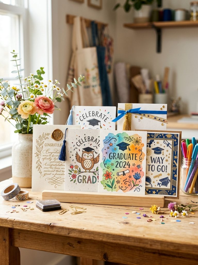 Beautiful graduation cards display with watercolor stamped gold embellished cute illustrated and elegant handwritten cards on styled craft table