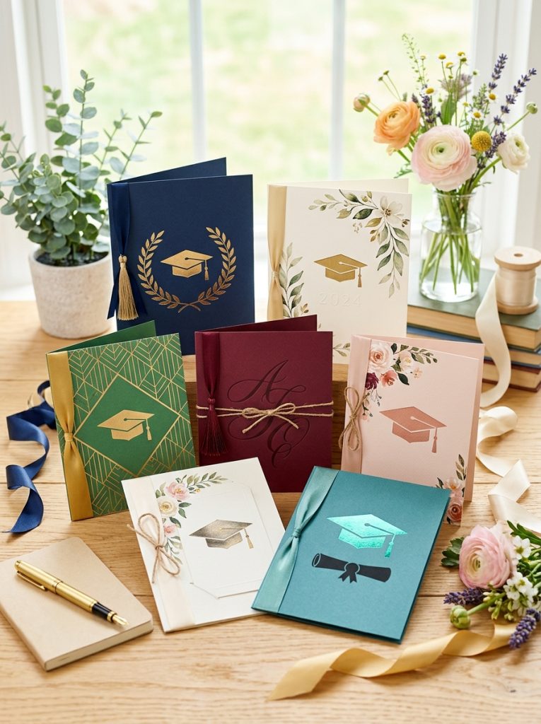 Beautiful high school graduation cards with sophisticated designs school colors graduation caps year and elegant layouts displayed