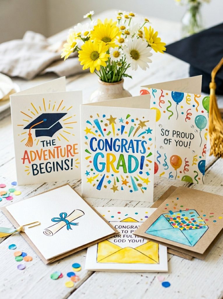 Beautiful happy celebratory graduation cards with bright colors confetti star bursts celebration typography and joyful uplifting designs displayed