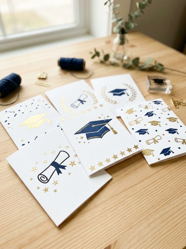 Beautiful stamped graduation cards with graduation caps diplomas stars celebration motifs in gold navy black ink displayed on craft table