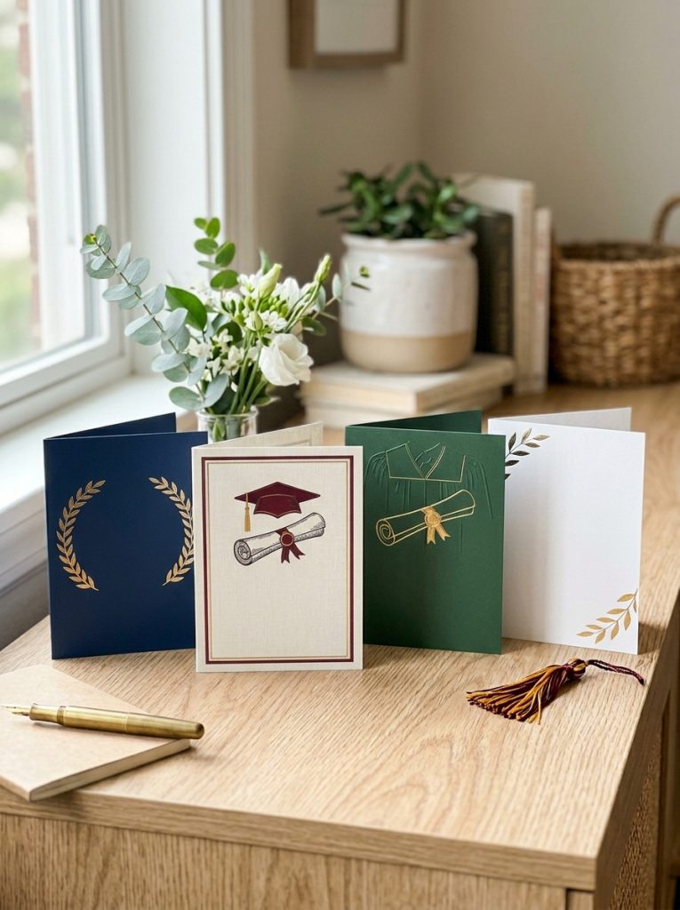 Beautiful college graduation cards with elegant university colors diploma imagery academic themes and refined layouts displayed