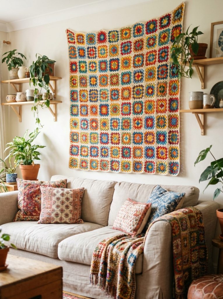  Beautiful granny square crochet wall decor with colorful joined squares in vibrant multi-color combinations as wall art in bright interiors