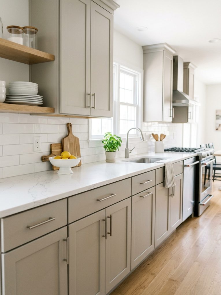  Beautiful gray DIY kitchen cabinets with warm gray or cool grey paint white countertops brushed nickel hardware in sophisticated kitchen 