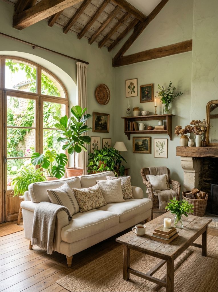  Beautiful green french farmhouse living room with sage green walls cream furniture natural wood accents and indoor plants