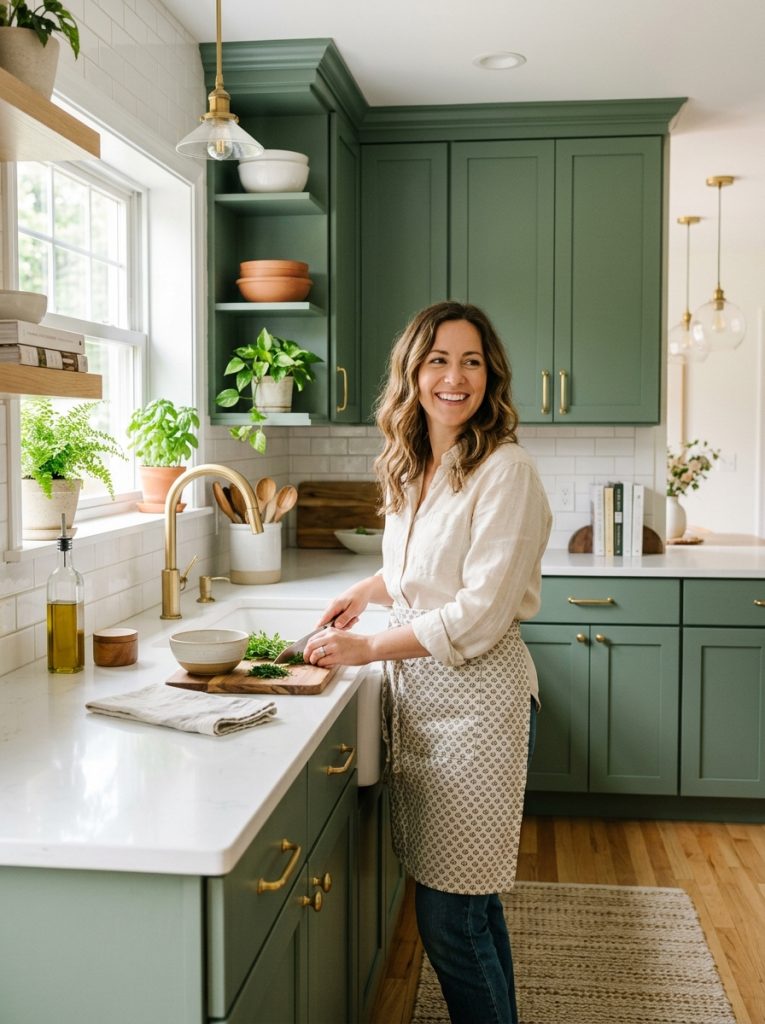 Beautiful green DIY kitchen cabinets with sage or forest green paint brass hardware and white countertops in stunning on-trend kitchen