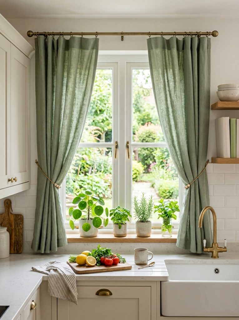 Beautiful green linen kitchen window curtains with sage forest green linen panels creating fresh natural kitchen window treatment with plants