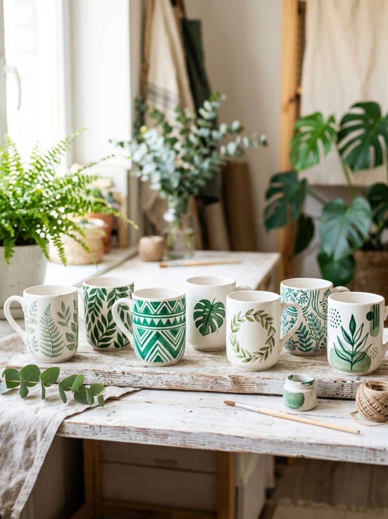 Beautiful green mug painting with sage botanical forest leaf emerald geometric and minimalist plant illustrations on ceramic mugs