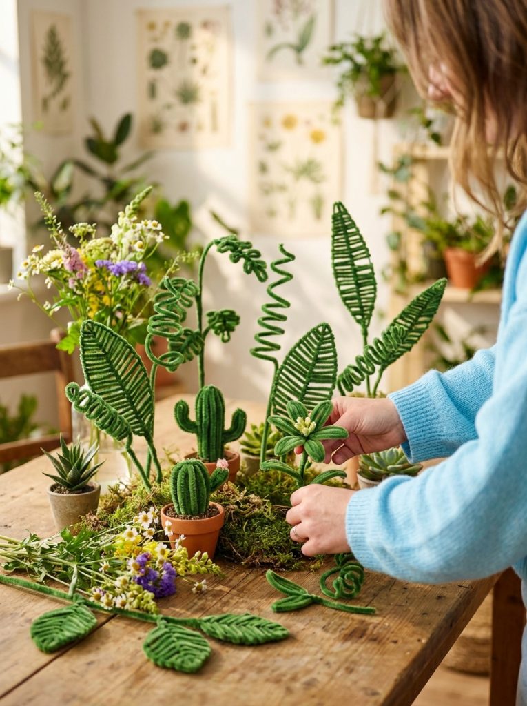 Beautiful green pipe cleaner nature crafts with leaves vines cactus plants and nature designs displayed alongside flowers