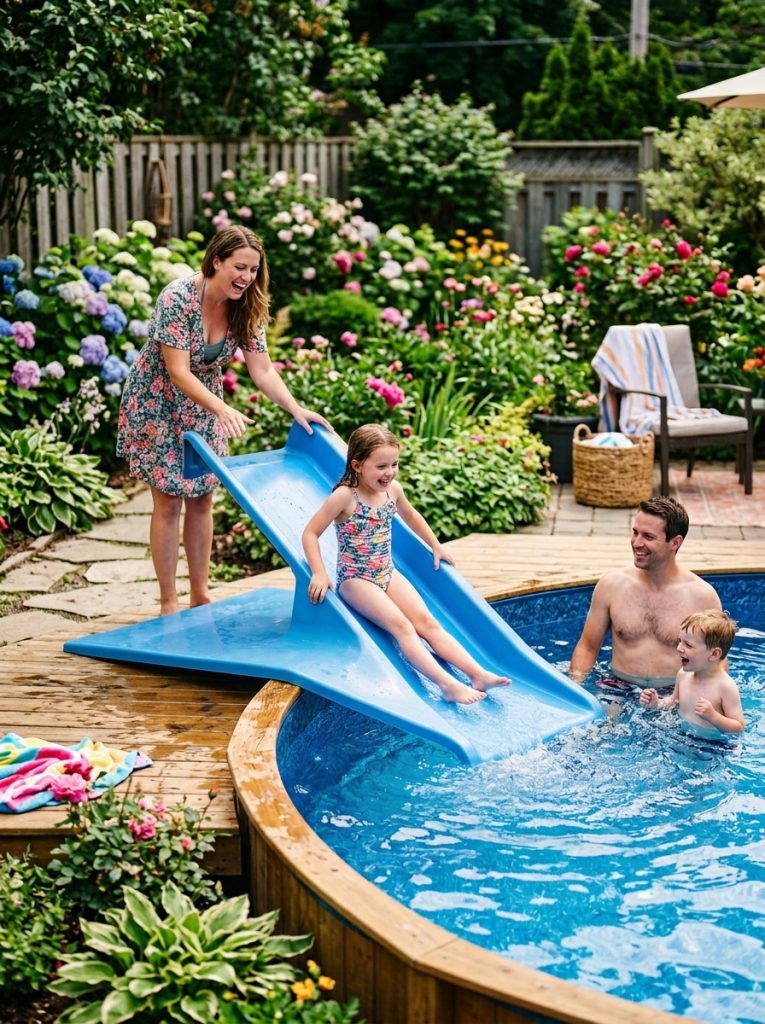 Gentle ground level DIY pool slide with simple structure at gentle angle leading directly into above ground pool in bright garden