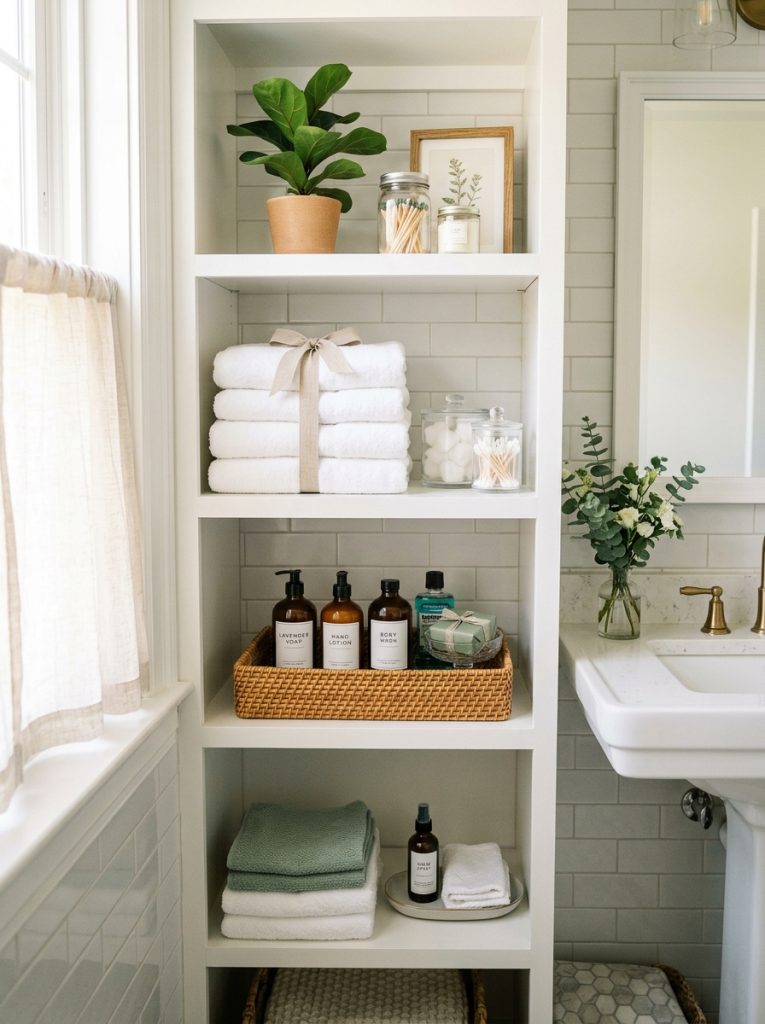 Beautiful guest bathroom storage with displayed towels styled toiletry basket guest essentials and welcoming organization in styled bathroom 