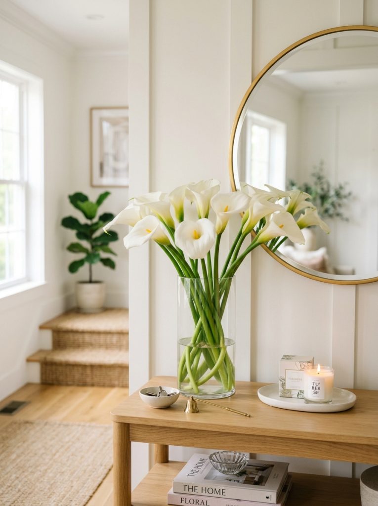 Beautiful hallway console with calla lilies flower arrangement tall clear glass vase round gold mirror and white candle tray