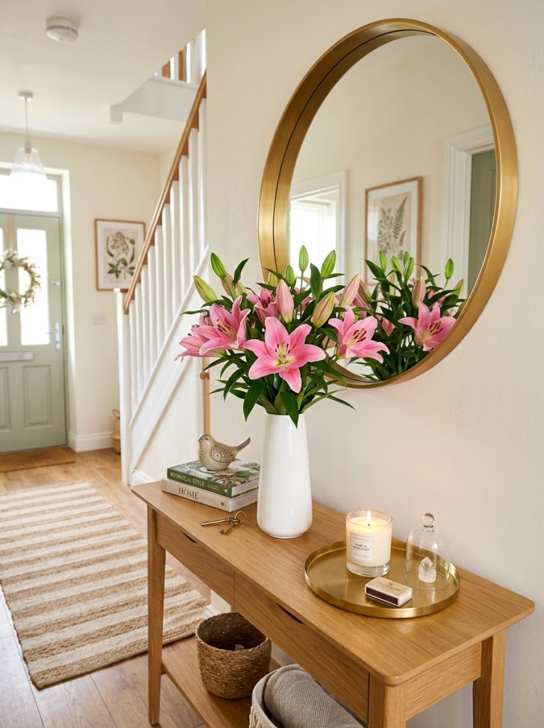 Beautiful hallway console table with pink lilies bouquet white vase round gold mirror and candle gold tray.