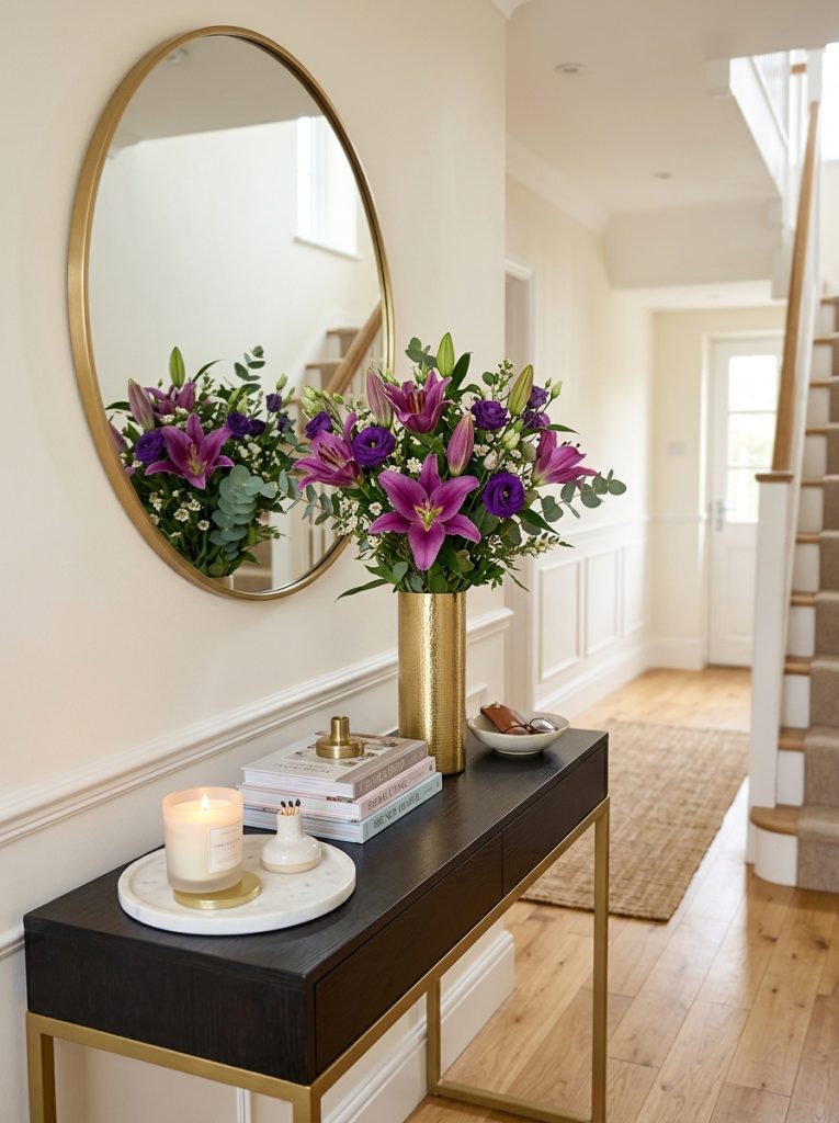 Beautiful hallway console with purple lilies flower bouquet tall gold vase round gold mirror and marble tray candle