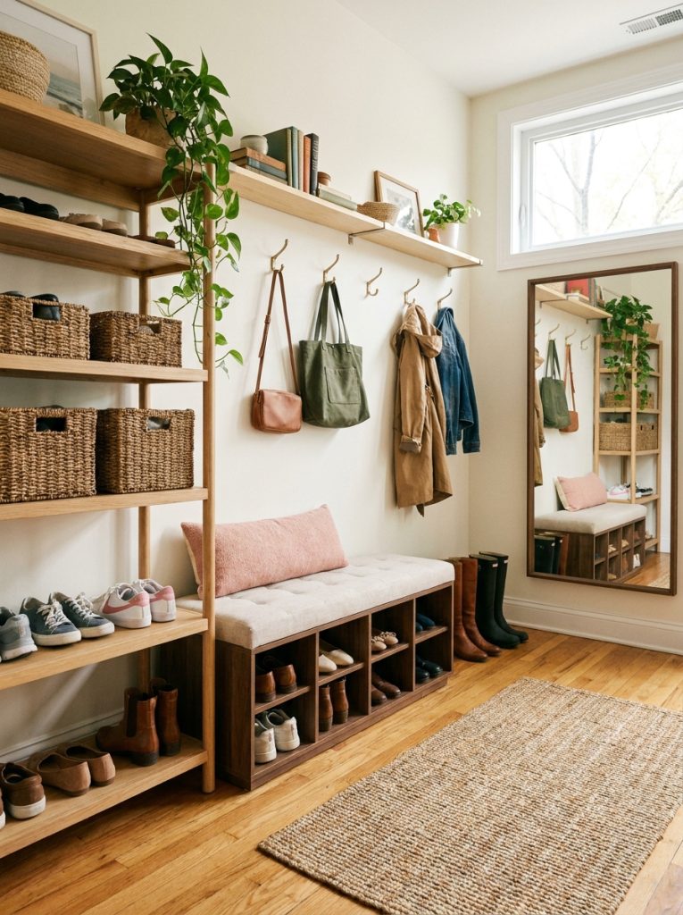 Beautiful hallway shoe storage with open shelving shoe racks bench with storage and wall hooks in bright styled home hallway